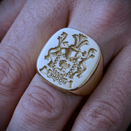 The engraving in the photo is ai generated, not real Mooney coat of arms seal engraved signet ring FAKED