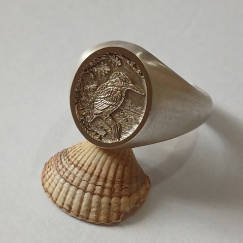 Kingfisher deep relief engraved sterling silver signet ring