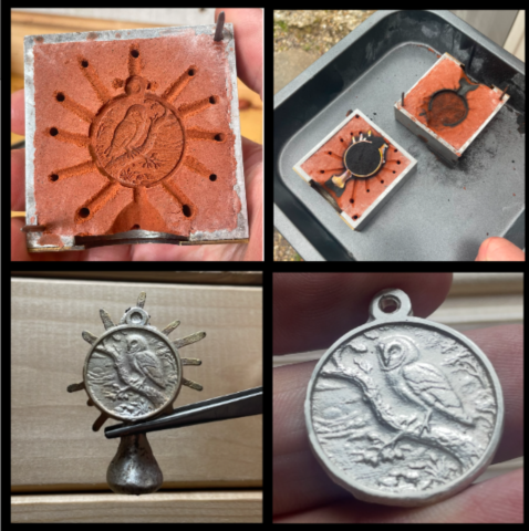 Mould in delft clay, then metal poured in, rough casting produced, partially finished in last photo Unique jewellery hand cast in Delft Clay